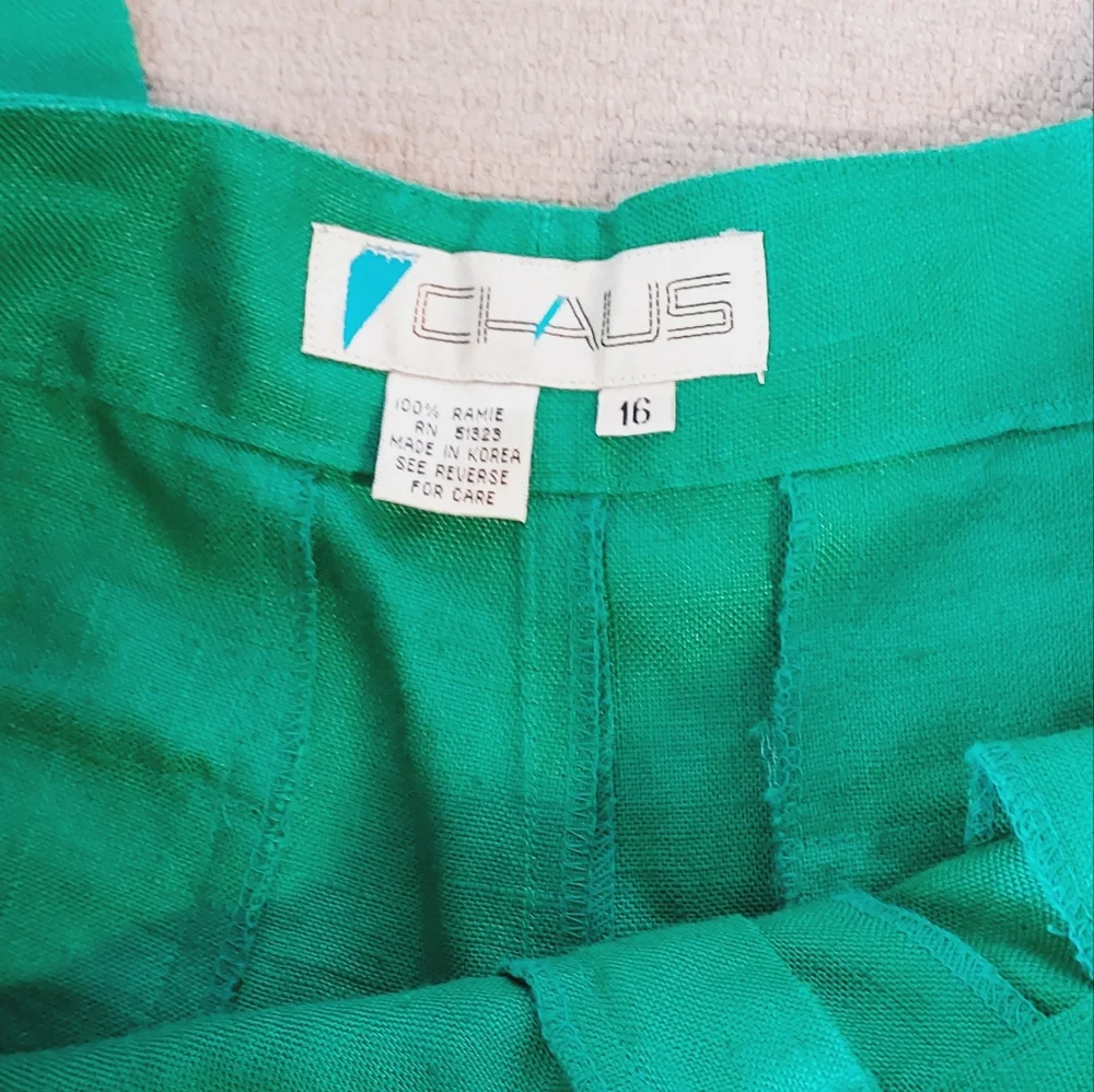 CHAUS Vintage Emersld Green 100% Ramie High Waist Pleated Trousers